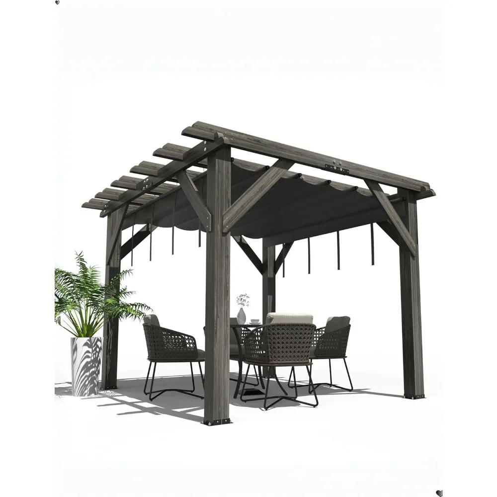 

10' x 10' Wood Pergola with Retractable Canopy, Solid Structure Outdoor Pergola for Patio, Deck, Backyard, and Garden