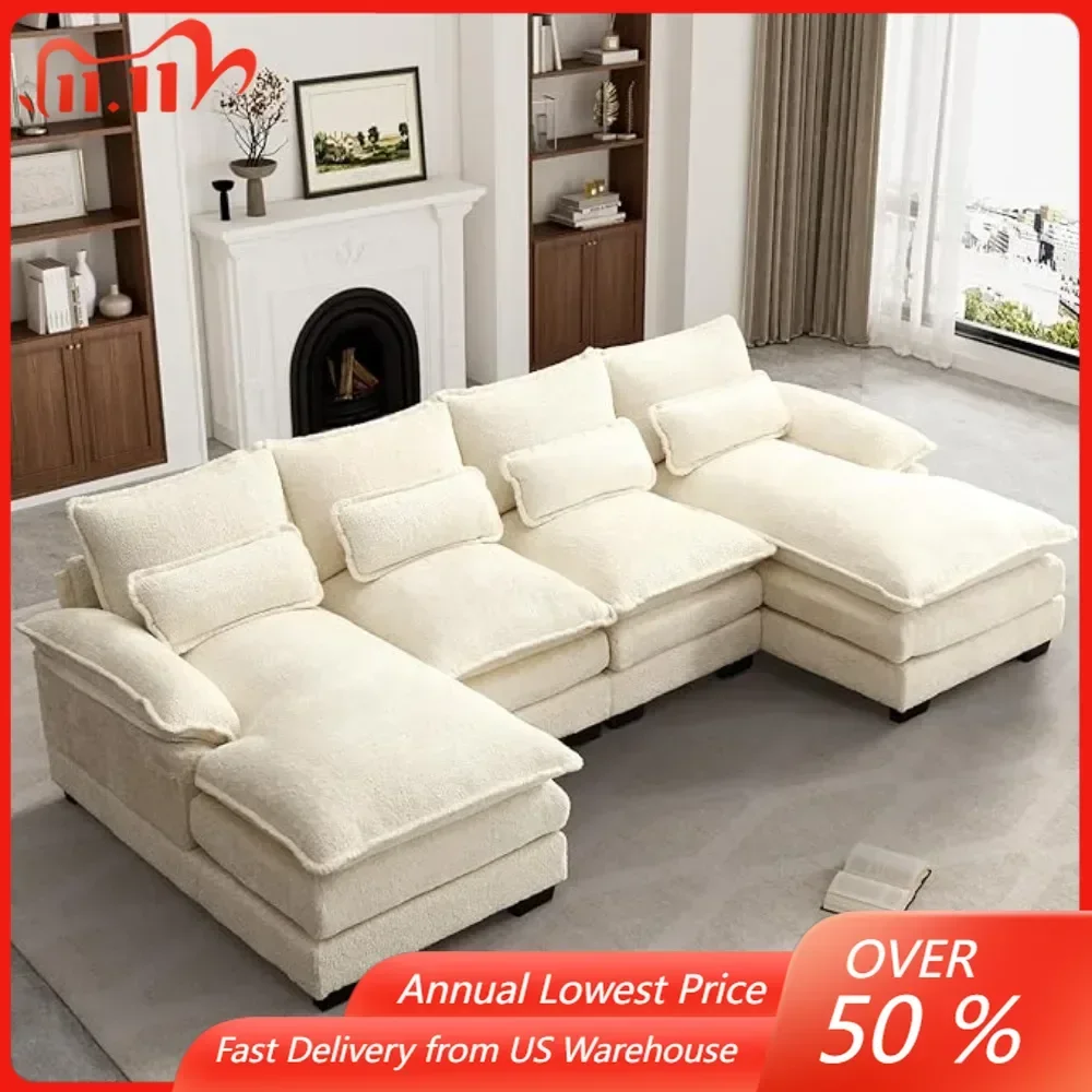 

110" U Shape Sectional Cloud Couch,Modern Chenille Comfy Modular Sofa, 4 Seat Sleeper,Double Chaise,Beige Living Room Sofas