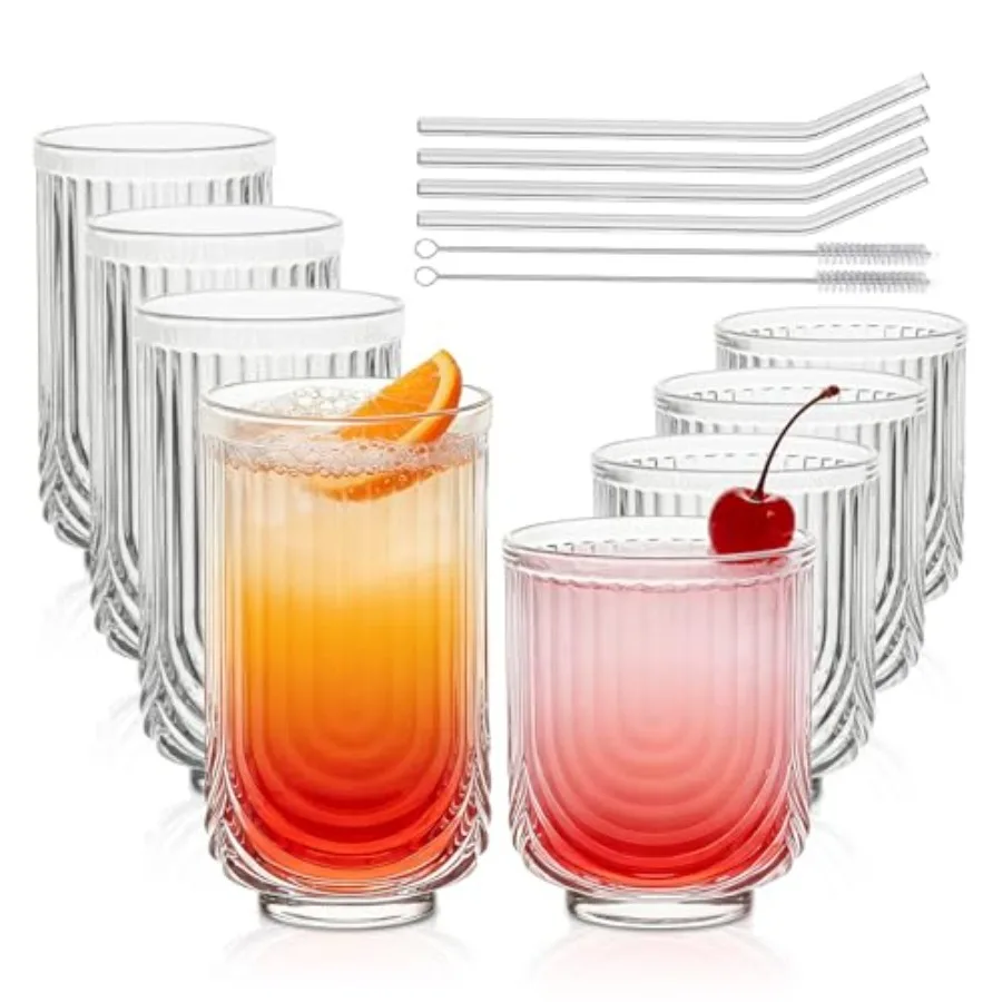 

Набор стаканов для воды: 8 высоких стаканов (хайбол) 14 унций, 4 стакана для коктейлей (рокс) 12 унций, винтажные стеклянные стаканы с арочным дизайном