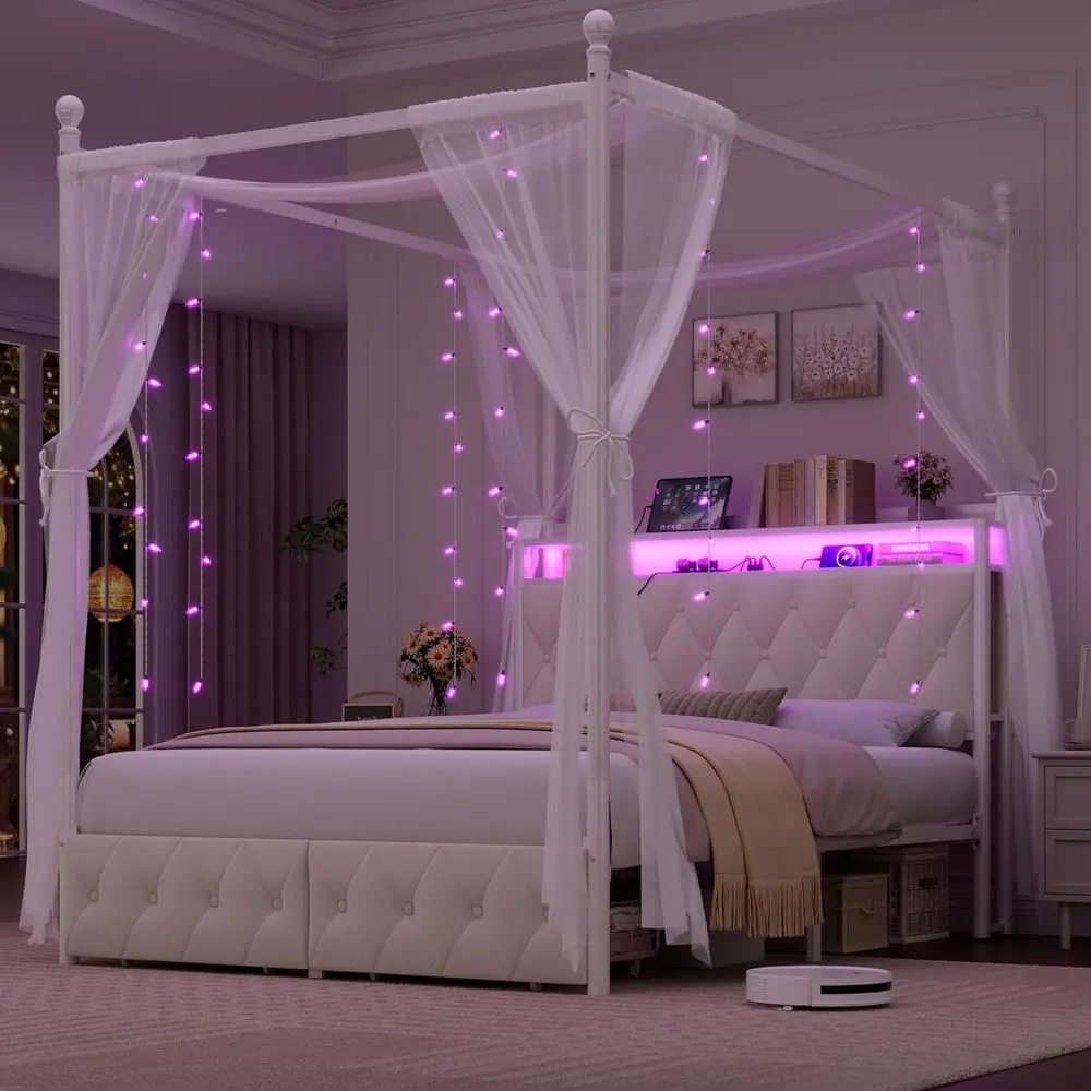 Queen Size Upholstered LED Canopy Bed Frame with Storage and Charging Station, Button Tufted Storage Headboard with Bookshelf, T