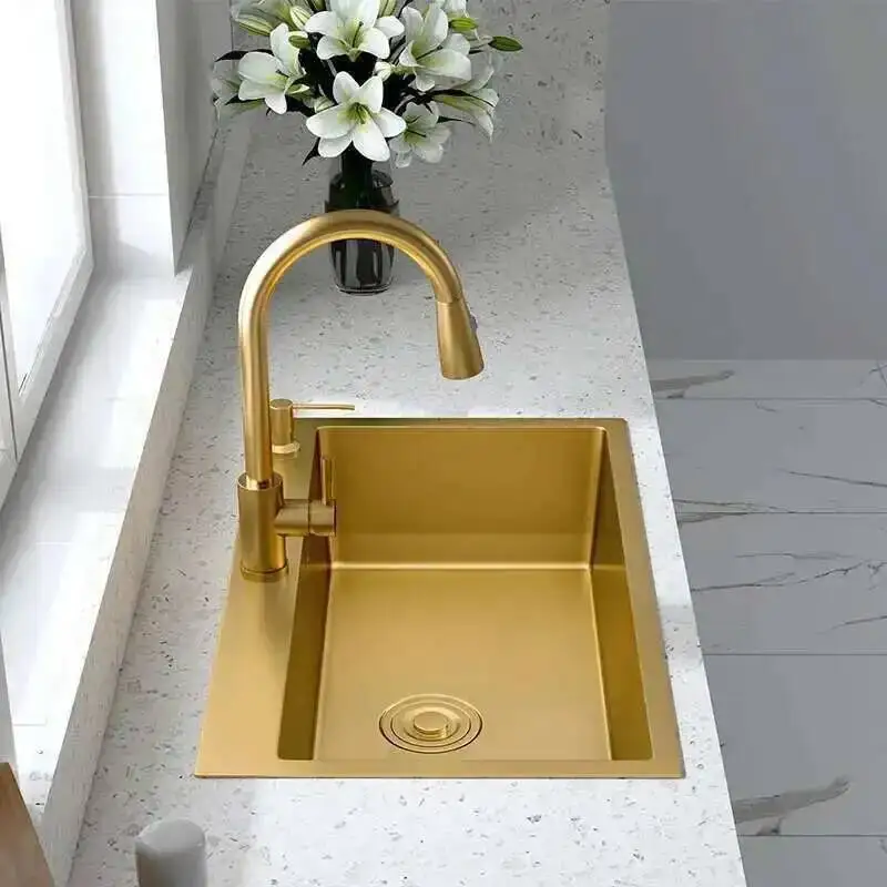 

Stainless Steel Kitchen Sinks Modern Home Kitchen Accessories Light Luxury Handmade Single-slot Kitchen Under-counter Gold Basin