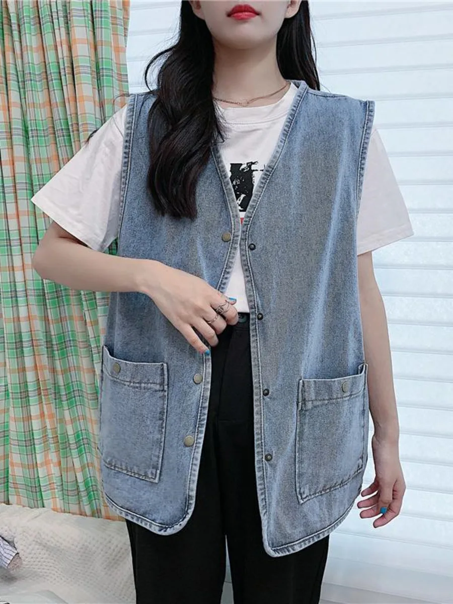 Large Size Denim Vest Women Spring Autumn Loose Fitting Outerwear Sleeveless Cargo Denim Vest Tank Top Jacket Streetwear