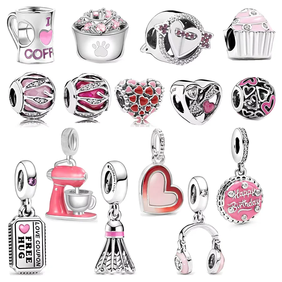 Pink Cupcake Pet Food Bowl Headphones Badminton Dangle Beads Fit Original 925 Sterling Silver Bracelet DIY Charm Jewelry