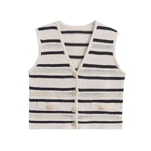 TRAFZA Woman's Casual Knitted Tops Stripe V-Neck Sleeveless Buttons Single Breasted Sweater Tops Summer Vest Woman Trendy