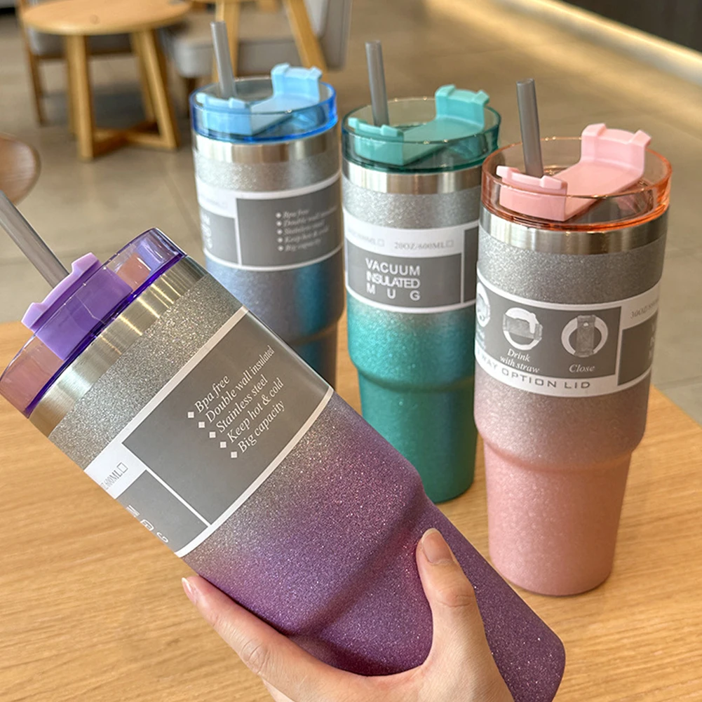 

20/30oz Vacuum Insulated Cup with Straw Double-Layer Insulated Cup Stainless Steel Sports Water Bottle for Cold Hot Beverages