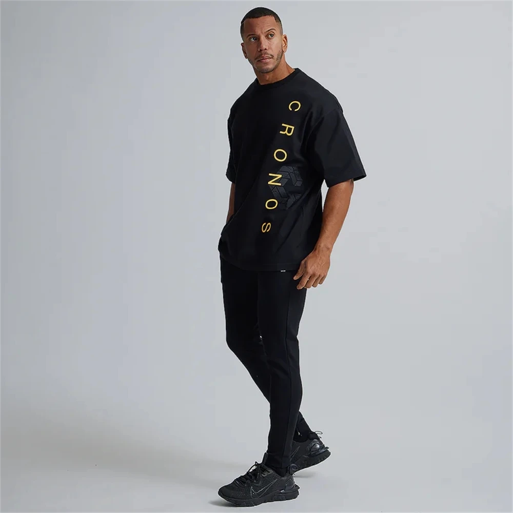 Gym Oversized Fitness Running T Shirt Men O-neck T-shirts Cotton Bodybuilding Sport Shirts Tops Gym Mens Workout Training Tee