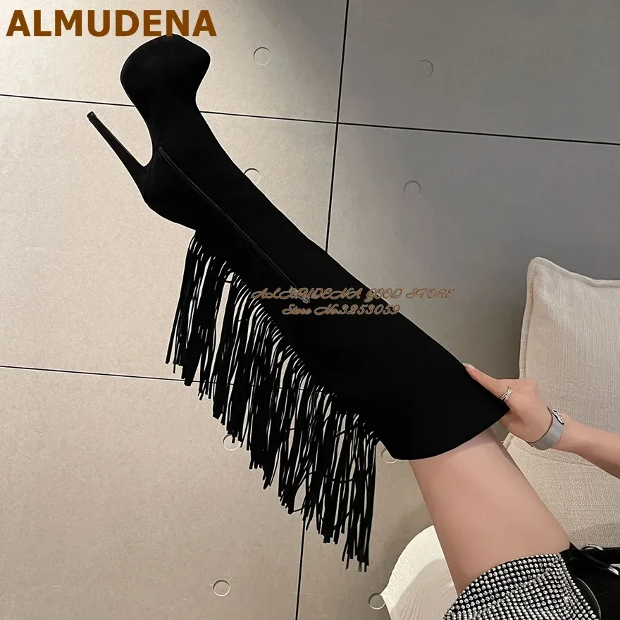 ALMUDENA Black Suede Fringe Over The Knee Boots Stiletto Heels Inside Platform Long Boots Elegant Tassel Zipped Dress Shoes