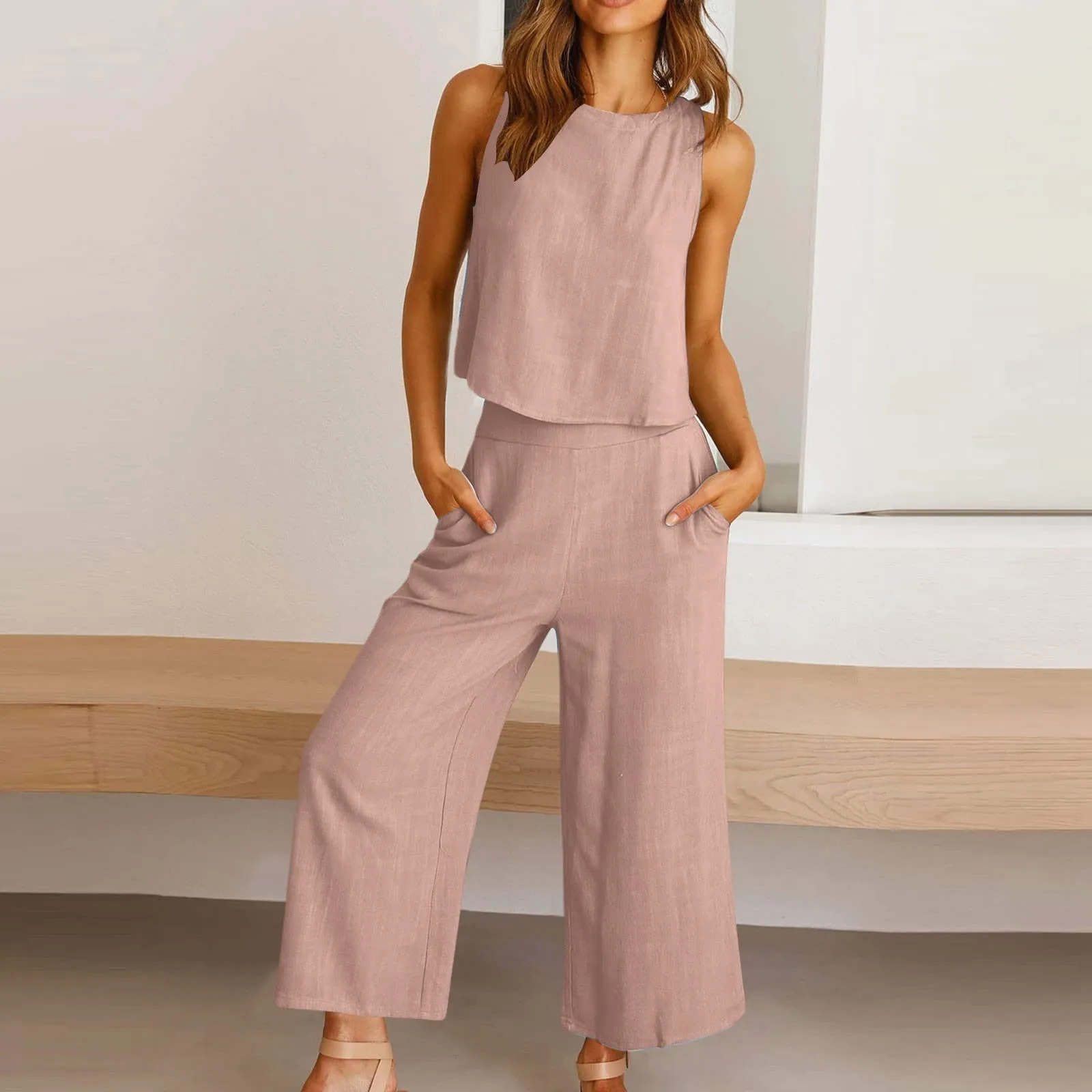 

Women's Solid Colour Cotton Linen Suit Casual Sleeveless Vest Nine Double Pockets Wide-Legged Trousers over Trousers Top Set