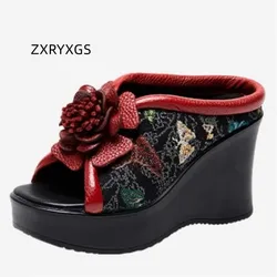 ZXRYXGS fiori classici pantofole alla moda da donna 2024 strato di testa pelle bovina colore incantesimo pantofola in pelle con zeppa sandali con tacco alto