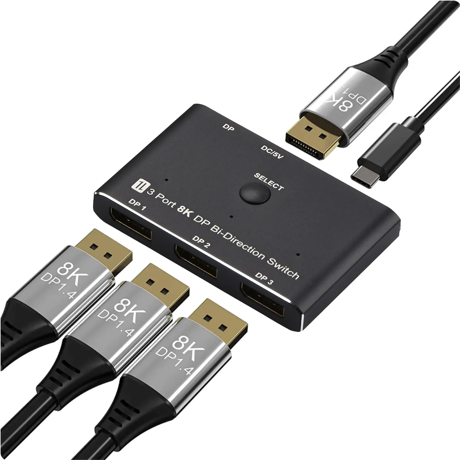 DisplayPort 8K DP 1.4 Switch 3 in 1 out / 1 in 3 out Bi-Direction 8K@30Hz Splitter Converter For Multiple Source and Displays