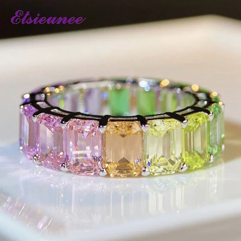 

ELSIEUNEE Luxury 100% 925 Sterling Silver Emerald Cut Colorful Sapphire Emerald Gemstone Engagement Ring Wedding Bands for Women