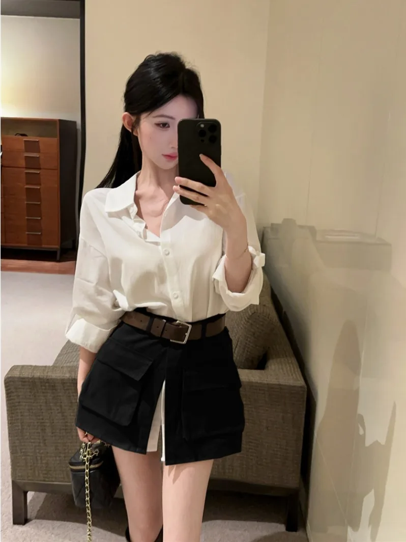 

Korean Style Long Sleeve Collar Shirt Dress Women's Spring Summer Layering Skirt Belt Two-Piece Set Skin-Friendly Breath...