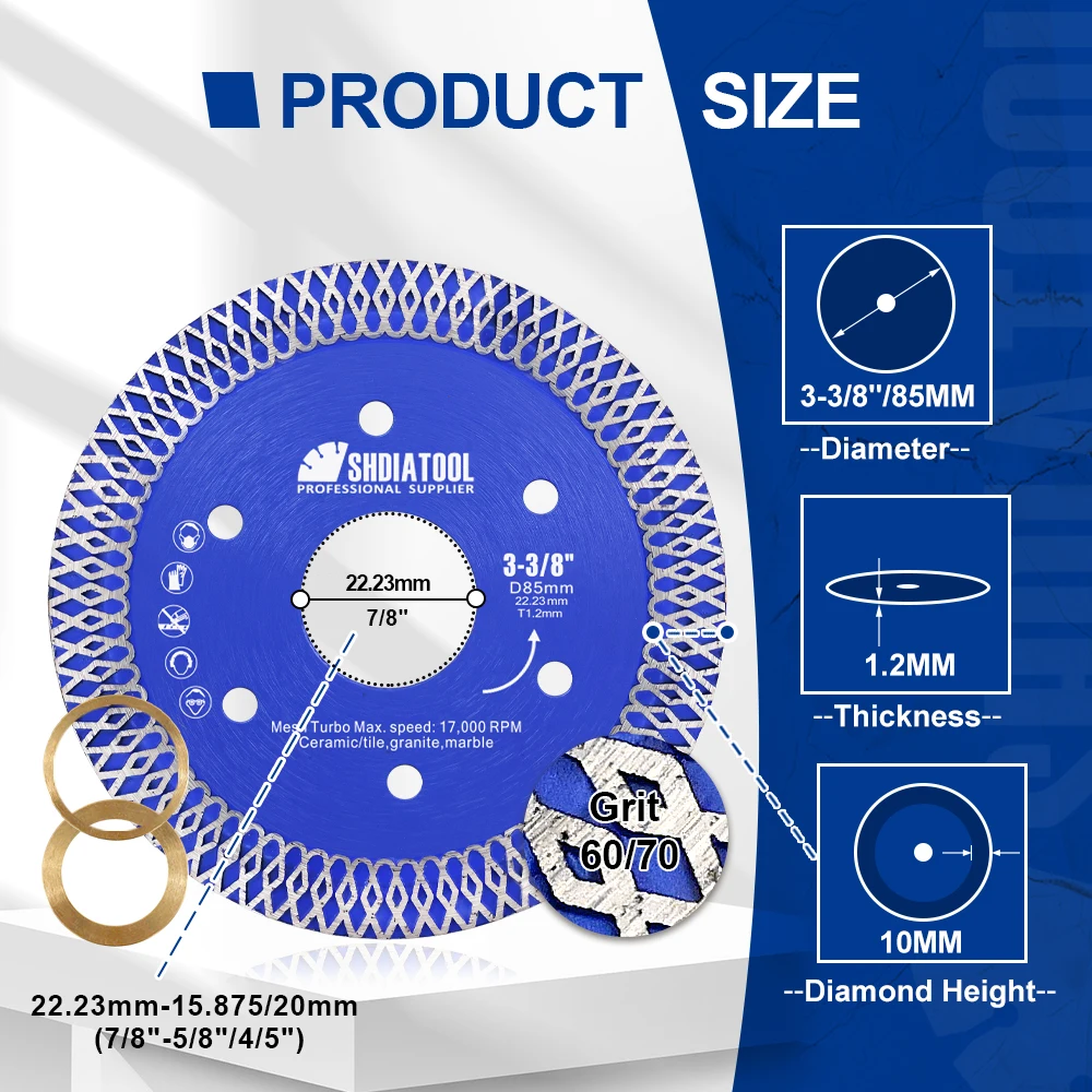 SHDIATOOL Dia85mm Diamond Cutting Disc X Mesh Turbo Saw Blade Tile Cutter Ceramic Marble Porcelain Saw Blade Bore 22.23mm