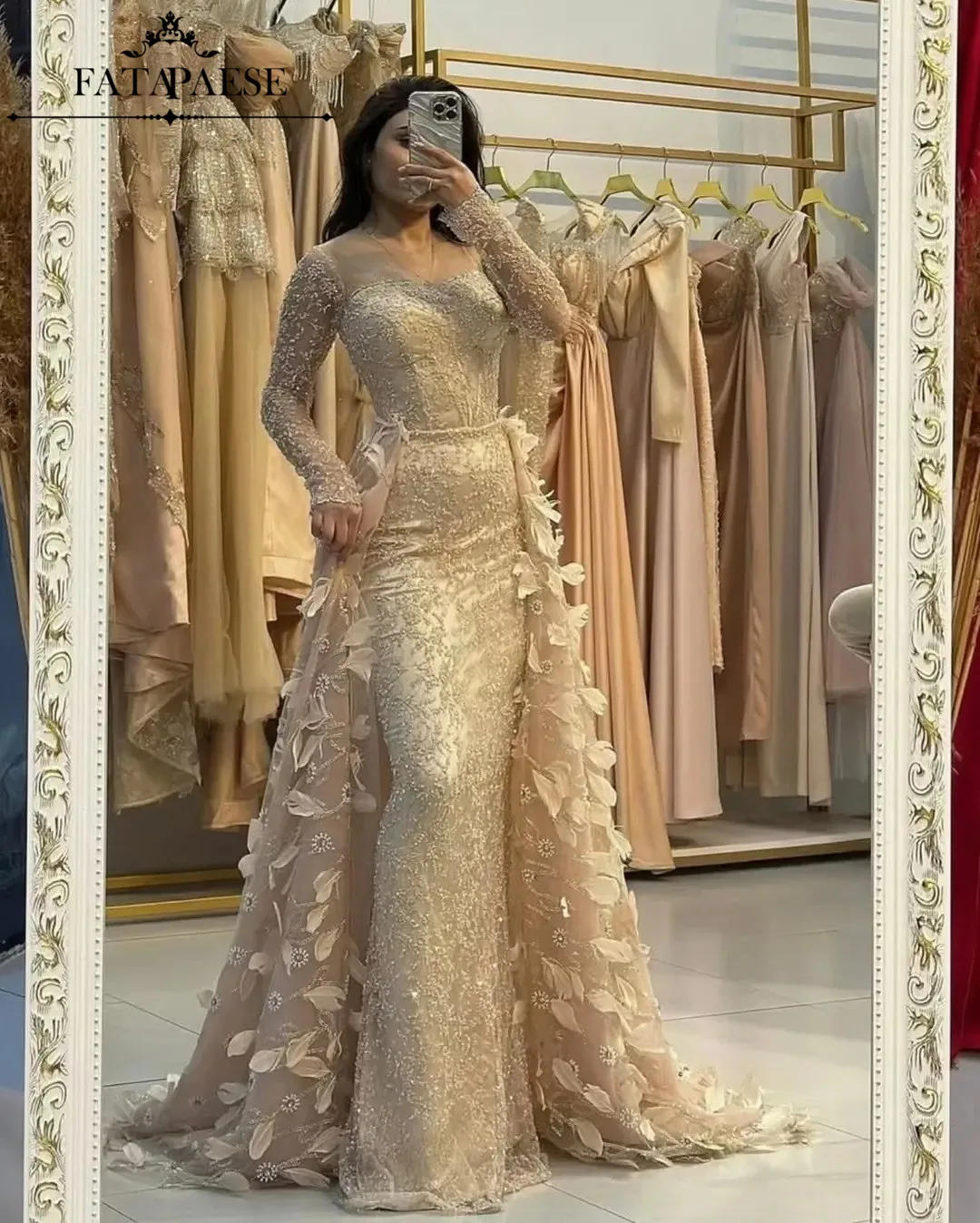 

FATAPAESE Haute Couture Вечерние платья цвета шампанского со съемным шлейфом 2026 Роскошные бусины и камни Платье для выпускного вечера Платье для свадебного гостя