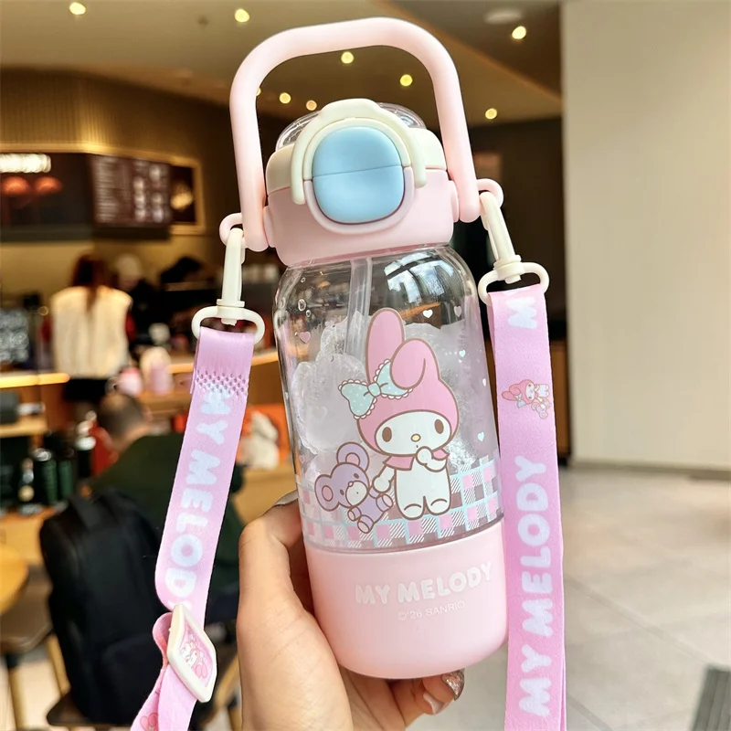 X&W Sanrio Summer Cool Drink Cartoon Straw Cup with Pop Up Lid and Carrying Rope Leak Proof Sports Water Bottle Children's Gift