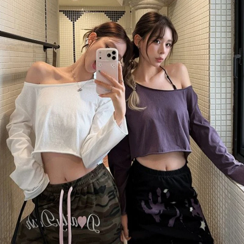 Women New Solid White Cropped Long Sleeve Sunscreen T Shirt Women Summer Loose Off Shoulder Korean Outer Cover Up Short Top