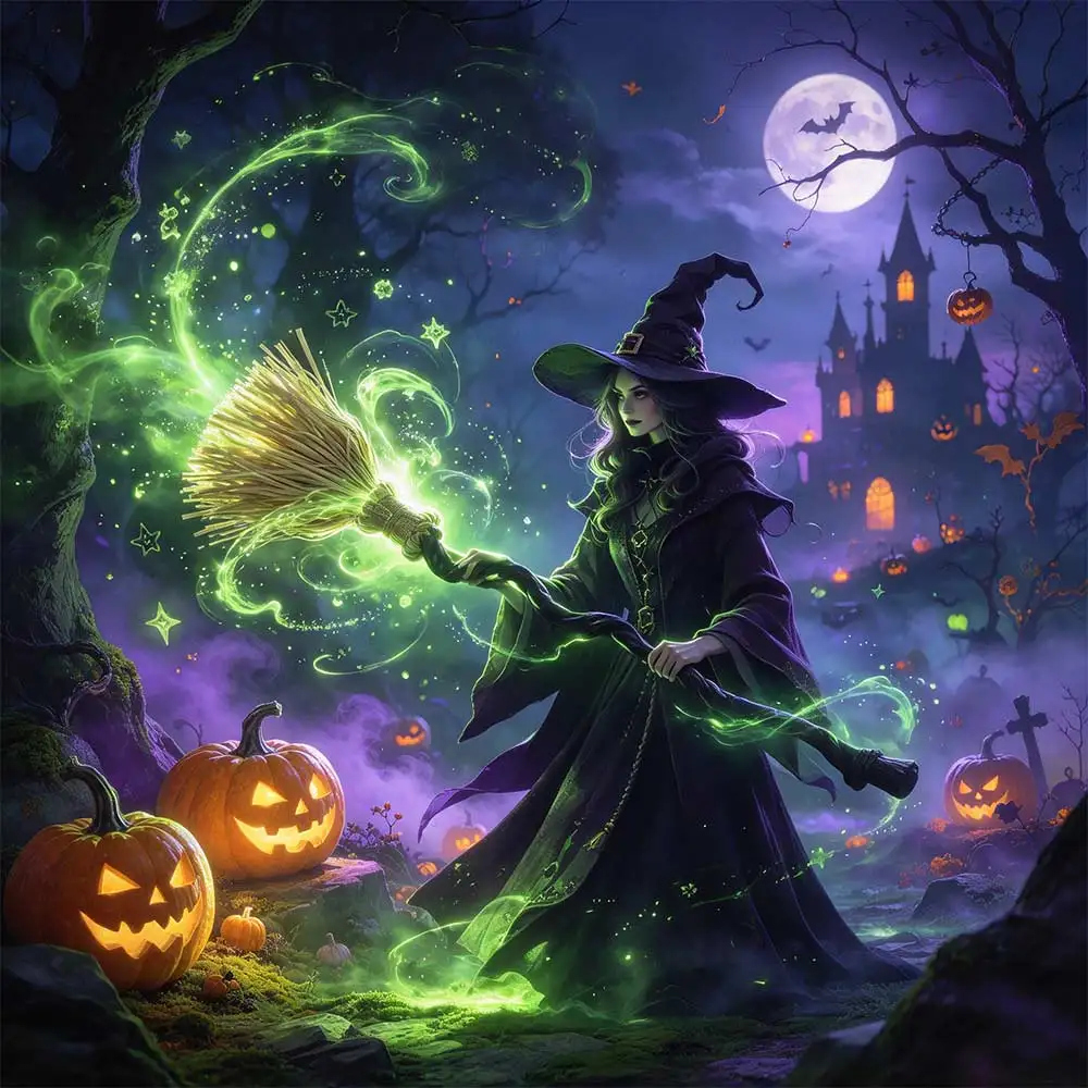 Glowing Animated Dancing Witch Broom with Sounds Movable Halloween Magic Witch Broomstick Bendable Stick Walking Feet