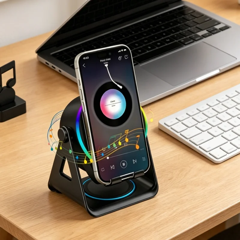 5 In 1 Wireless Charger Bluetooth Speaker Phone Stand Foldable Adjustable RGB Desktop Holder for Compatible iPhone 17 16 Samsung
