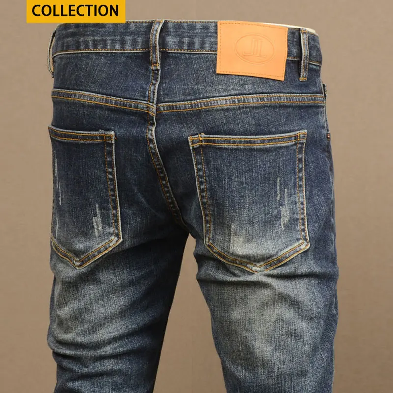 Street Fashion Men Jeans High Quality Retro Blue Elastic Slim Fit Ripped Jeans Men Hip Hop Denim Pants Vintage Designer Trousers