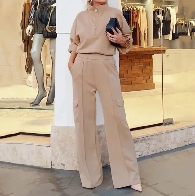 

Women's Stand Neck Crop Top & High Waist Wide Leg Pants Sets Female Clothing Two-Piece Set New Fashion Women Pants Outfits