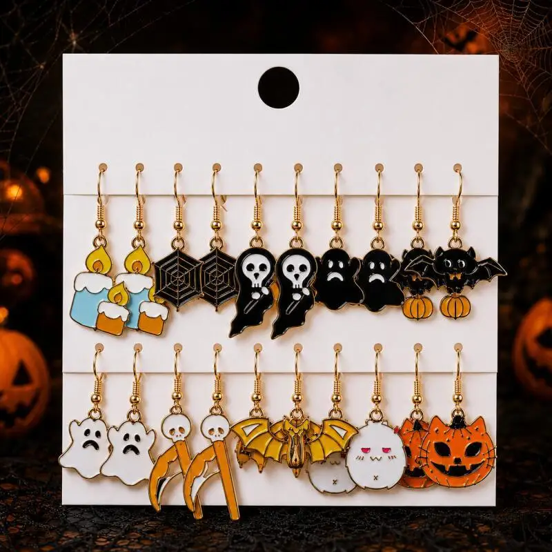 10 Pairs Halloween Earrings Set, Ghost Pumpkin Bat Spiderweb Candle Dangle Earrings for Party Costume Gift