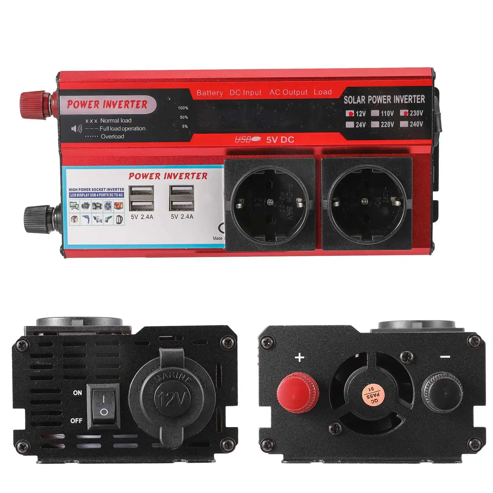 Inversor de Corriente de 4000W, Convertidor de CC 12V a CA 220V/230V con 4 Puertos de Carga USB, Enchufe Europeo, Pantalla LED, Transformador de Alta Potencia para Coche, RV, Sistema Solar, Hogar e Industria