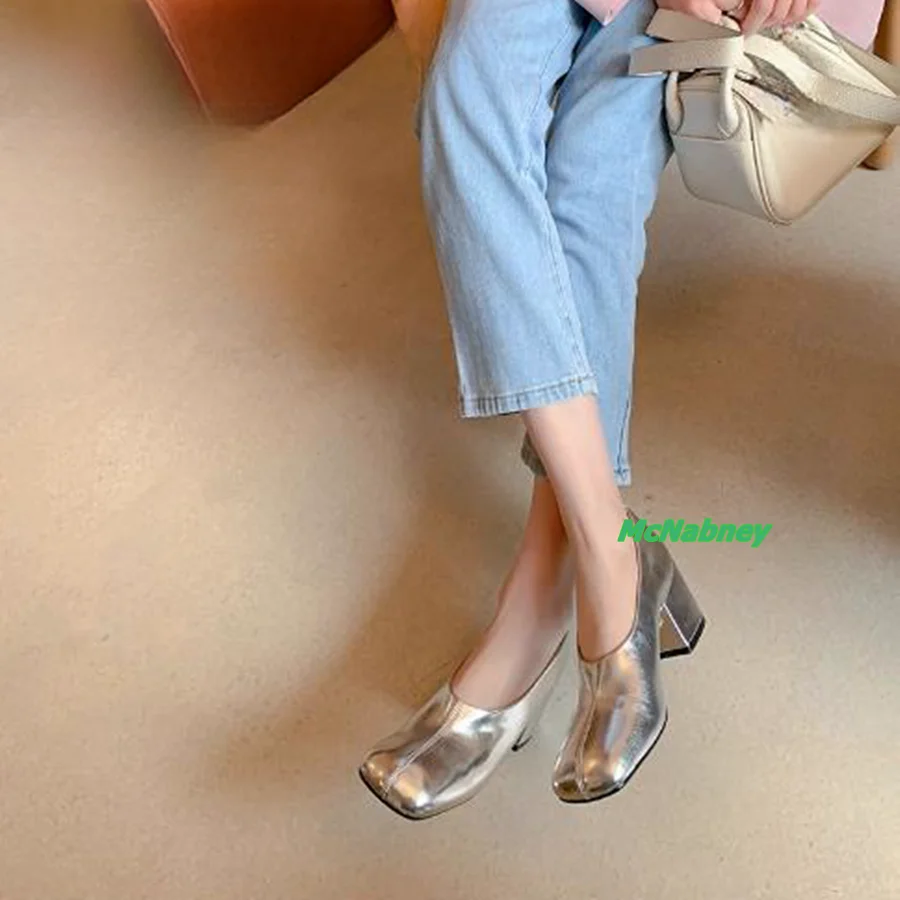 Silver Leather High Heel Pumps,Flat Round Toe Thick Heel Women Shoes Wedding Party Heels Plus Size 2023 New Zapatos Para Mujere