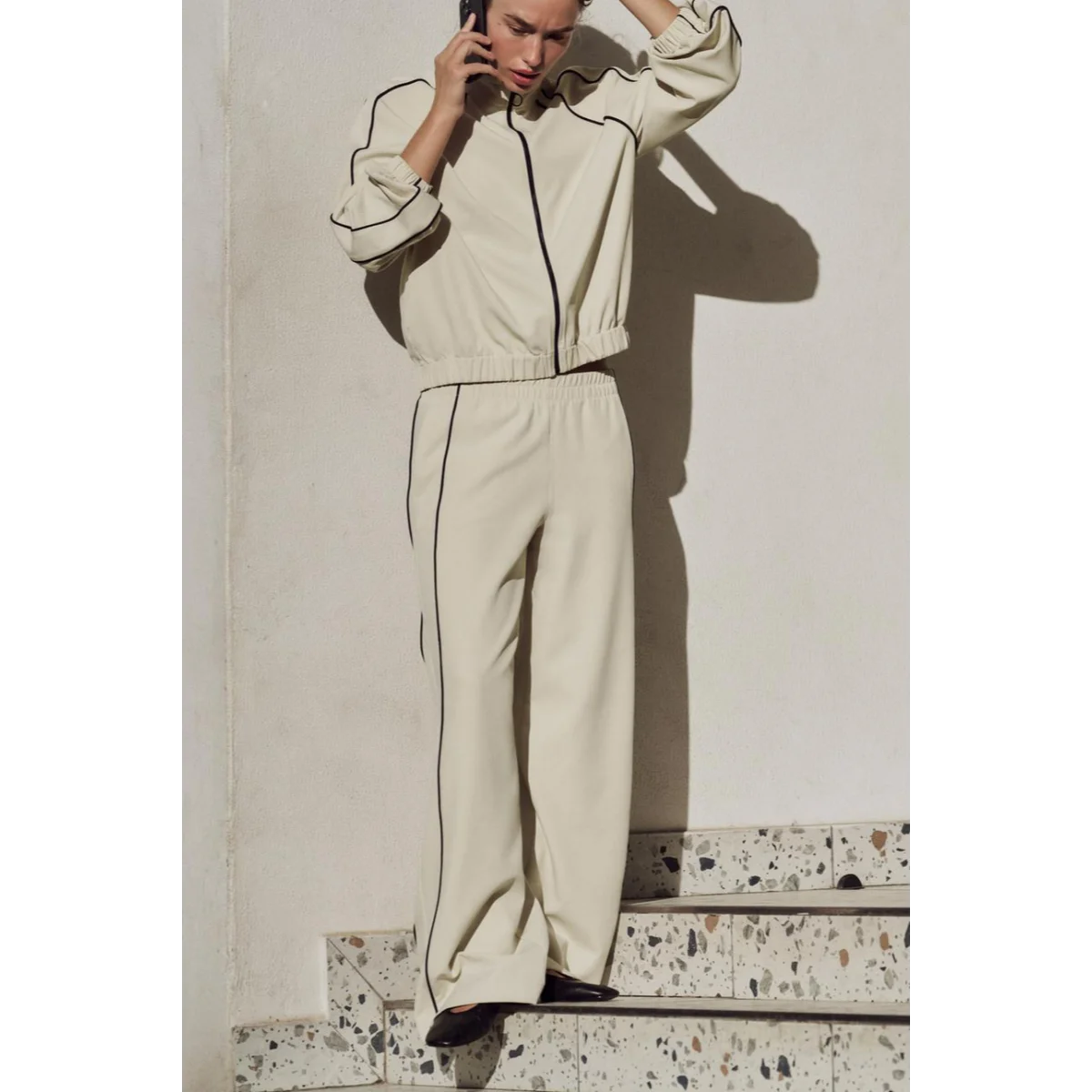 Spring Wide Leg Casual Pants Jacket Outerwear Pilot Style Color Block Trim Spring Season Women's Long Sleeve Stand Collar Set