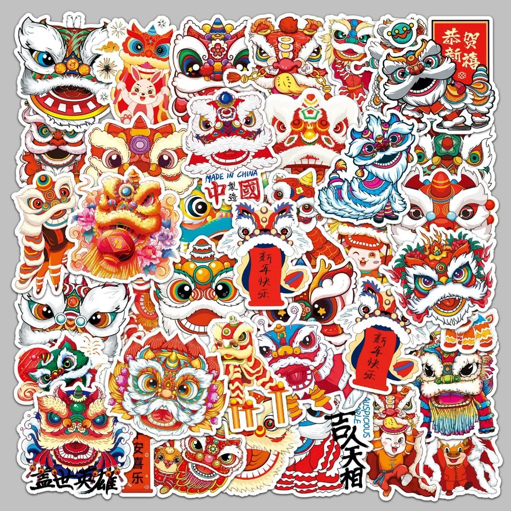 50Pcs Chinese Style Cute Lion Dance Stickers Giraffe for Notebook Suitcase Skateboard Hand Account Decoration Sticker Kids Toy