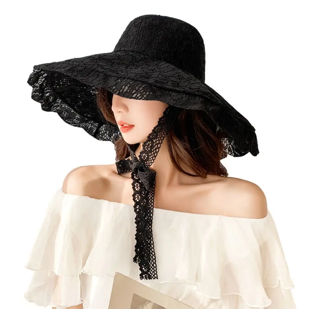 Lace Lace-up Bucket Hat Women Lightweight Windbreak Rope Sunshade Basin Hat Sun Cap Beach Hat