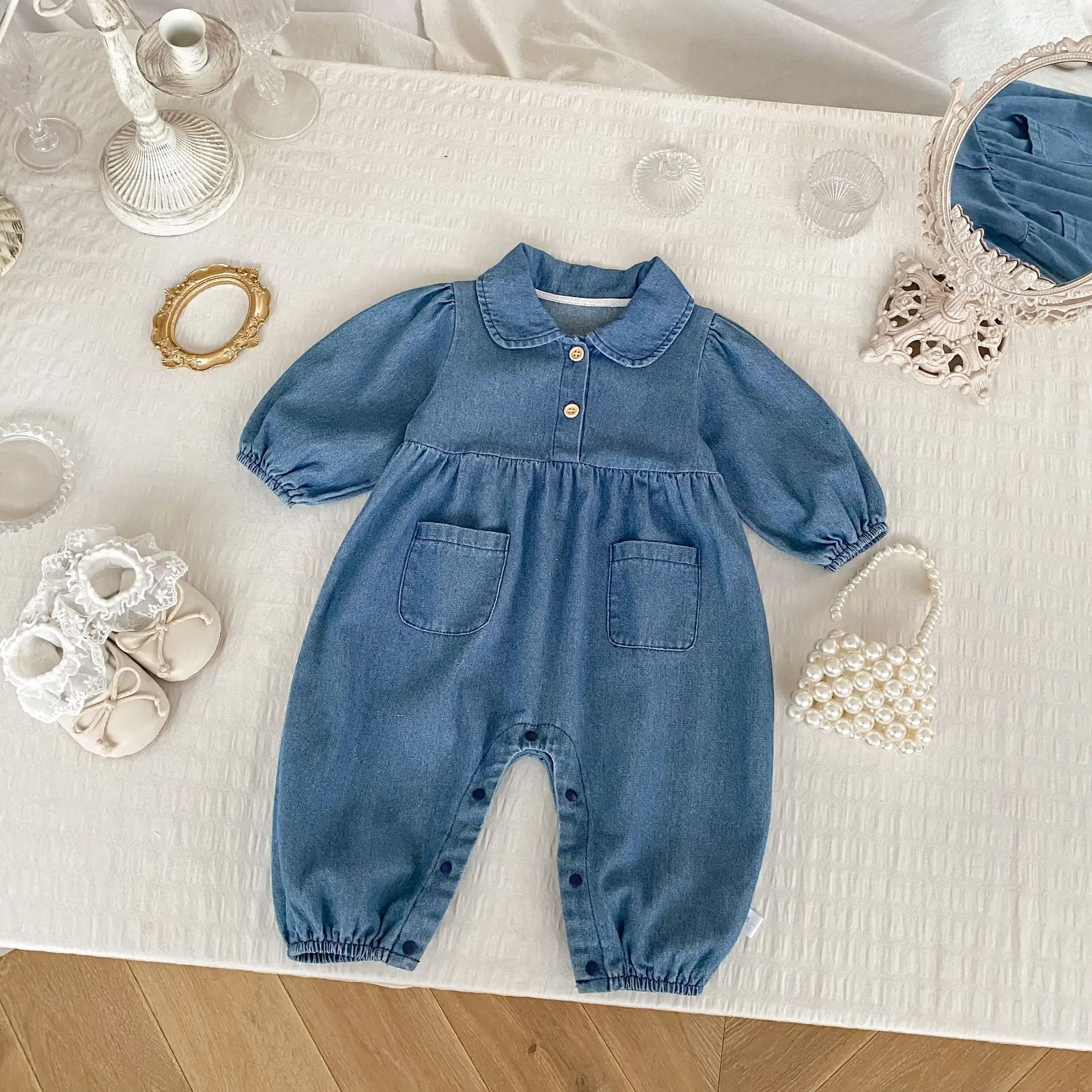2025 Autumn New Baby Long Sleeve Denim Romper Infant Boy Girl Versatile Lapel Jumpsuit Newborn Toddler Casual Clothes 0-24M