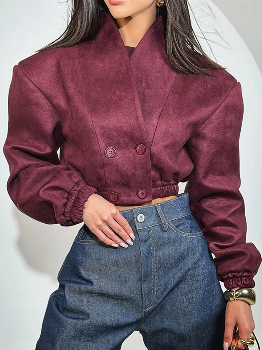 WXOY Women Modern Jacket Crop Double Breasted Long Sleeve Shacket Gathered Hem Urban Chic Outerwear Fall Winter Clothing