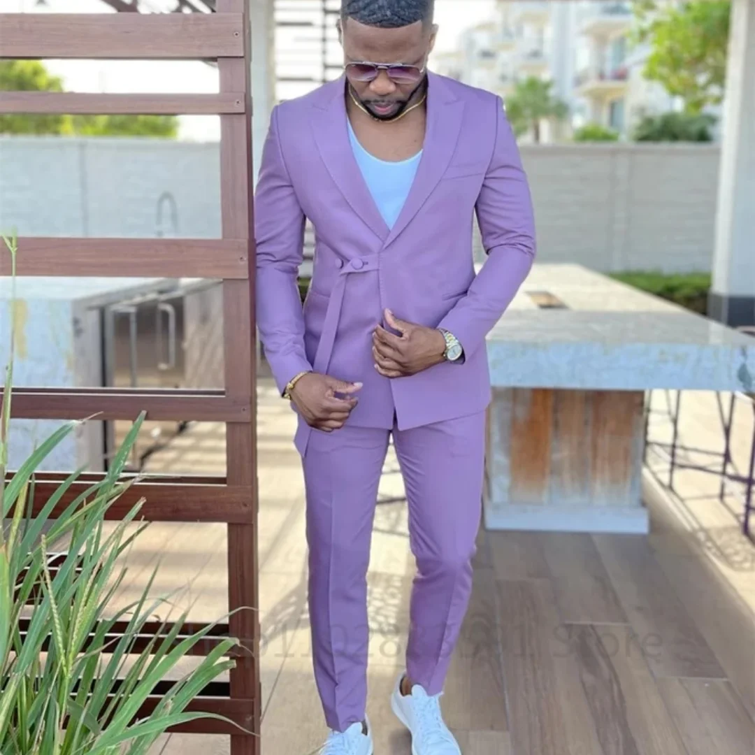 

Мужской блейзер с поясом, облегающий Блейзер и брюки для жениха, фиолетовый цвет, 2 шт.