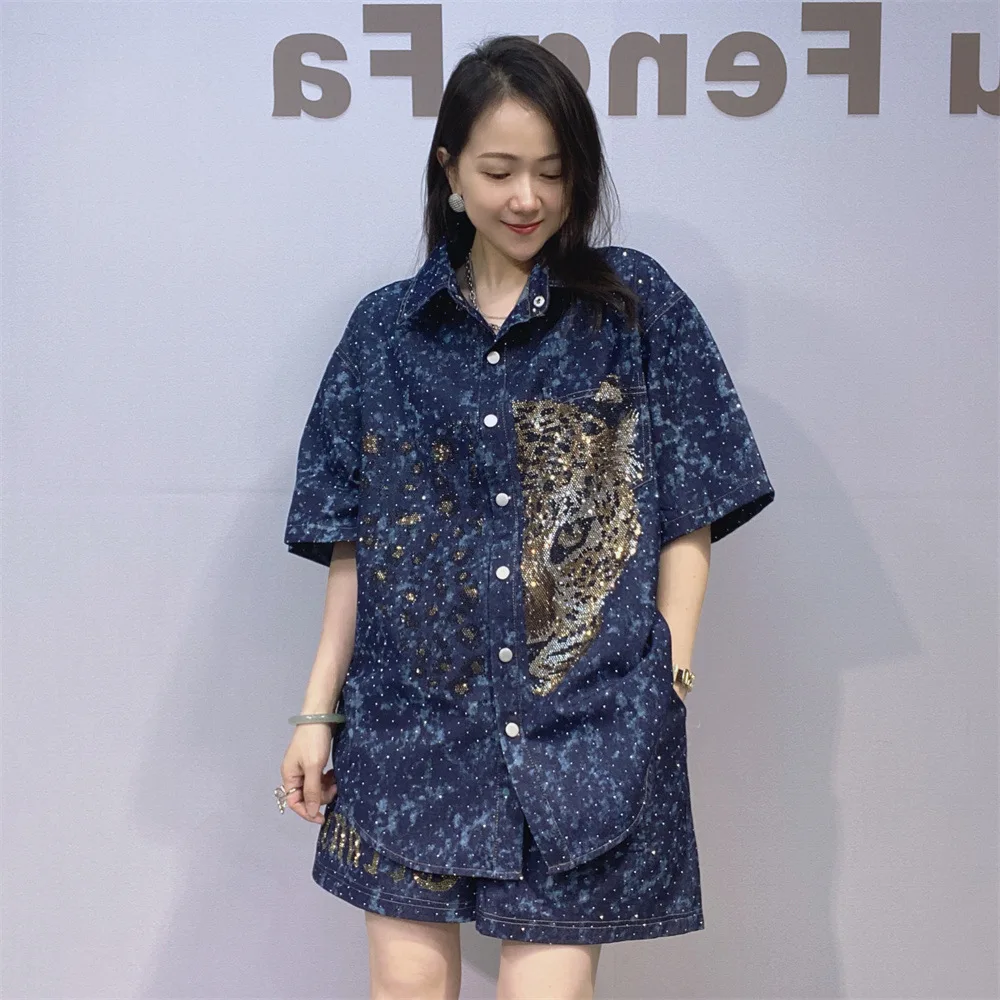 Fashion 2 Piece Sets Womens Outfits Leopard Diamonds Denim Short Set Summer Casual Oversized Cardigan Short Sleeve Cowboy Suit