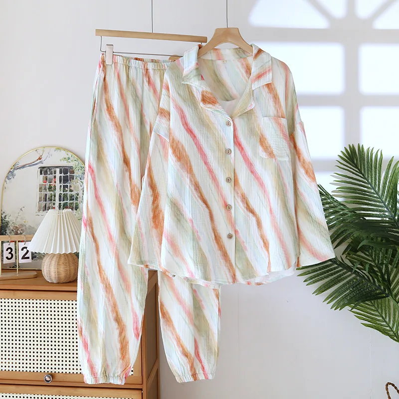 

100% Cotton Gauze Pajamas Women's Loungewear Spring and Autumn Sweet Loose Long-sleeved Trousers Pyjama Set