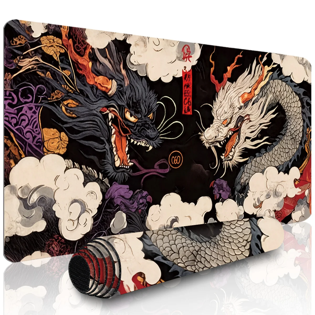 1pc Large Non-Slip Keyboard And Mouse Pad | Durable Rubber Base, Polyester Surface, Black And White Dragons With Flame And Cloud Pattern, High-Quality Print
