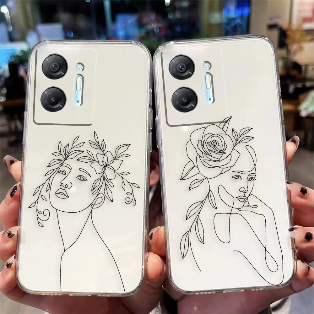 Clear Phone Case For Infinix HOT 9 11 12 12i 20 20s 30 30i POVA 2 3 4 PRO PLAY Case Shell Line Art Sketch Flower Girl Protection