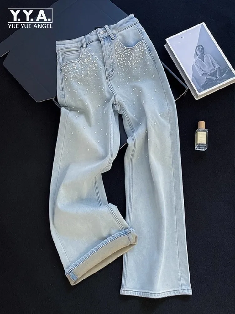 

Autumn Winter Thick Women Jeans Straight-Leg High Waist Denim Pants Office Lady Wide Leg Trousers Full Length Casual Bead Pant