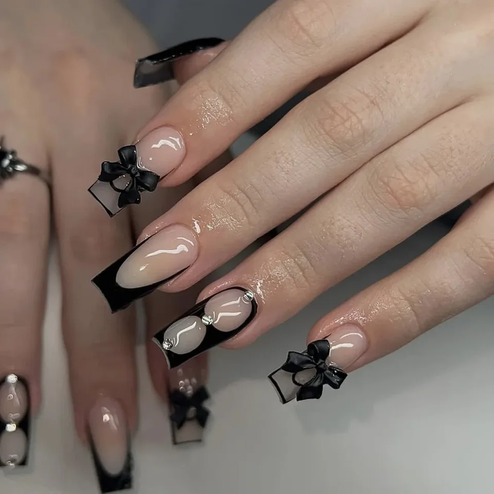 24 piezas de uñas postizas largas cofre francés con pegamento, lazo y diamante, uñas acrílicas press-on negras bailarina, punta de manicura 5