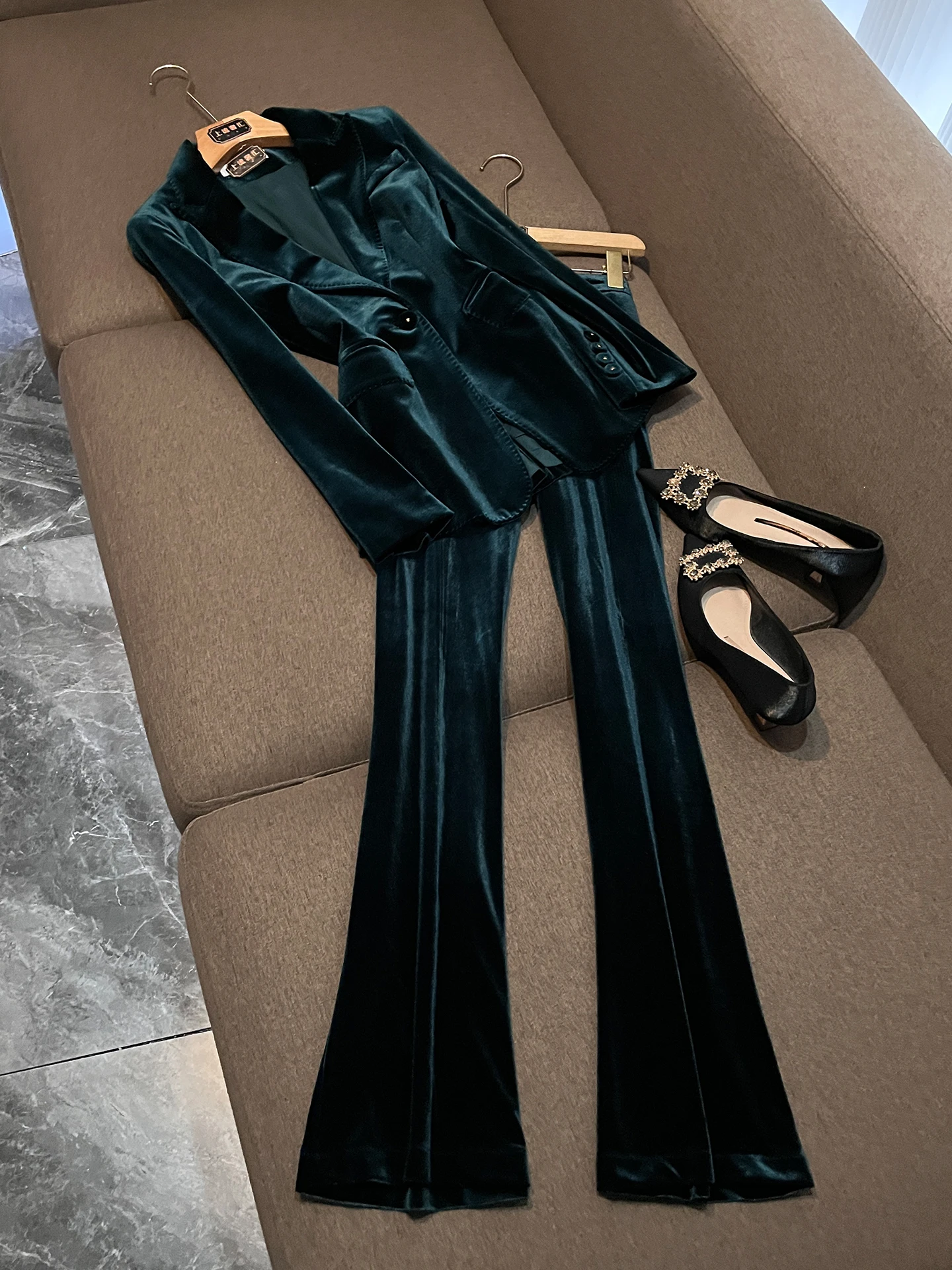 Women's Autumn New Style Velvet Suit Set Professional Workwear Broadcast Host Uniform Golden Velvet Customizable Size