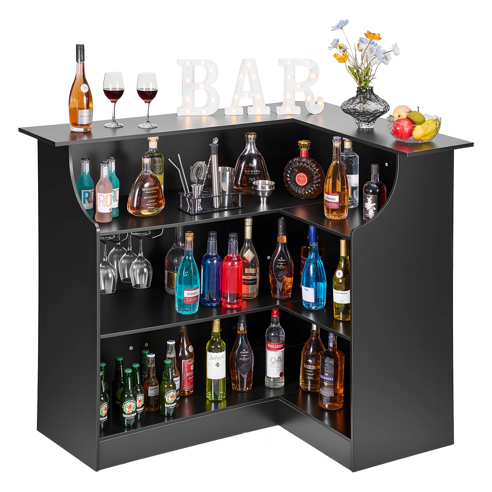 VEVOR 300 lbs Home Bar Unit L-Shaped Wine Bar Cabinet Table 4-Tier with Storage Shelves  for Home Kitchen Living Room Pub Black