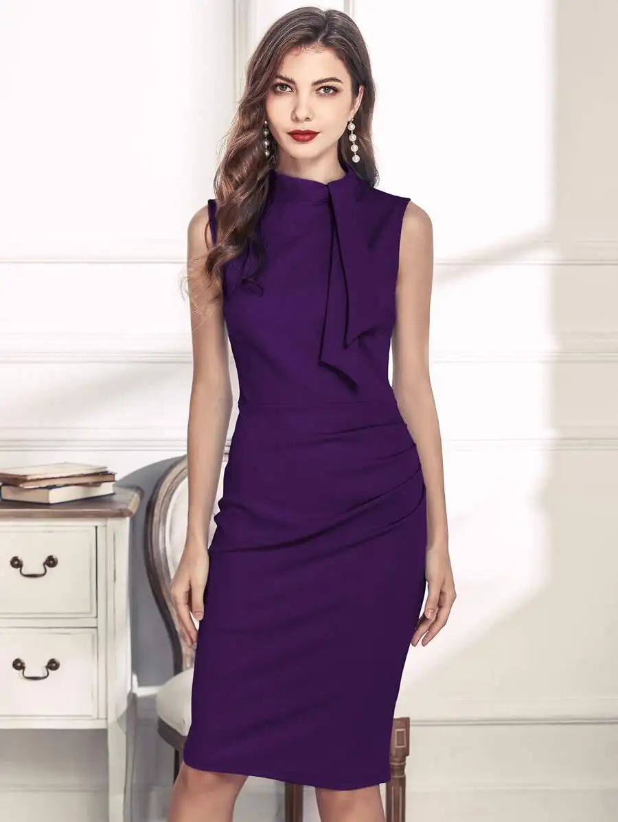 

Purple Tie Neck Sleeveless Pencil Dress For Women