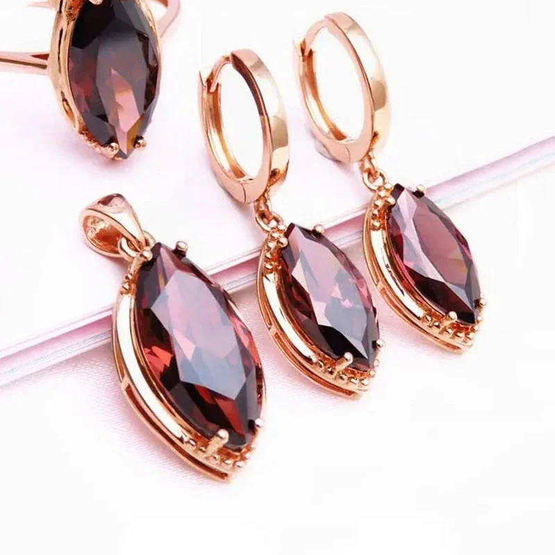 Exquisite New in Marquise Shape Pink Gems Earrings for Women Simple Fashion Copper Plated Rose Golden Earings Jewelry