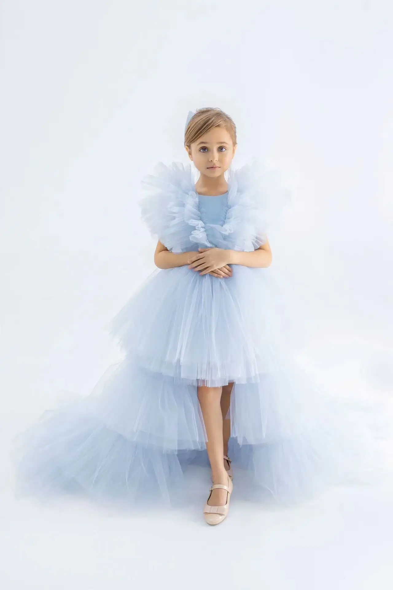 Abito da ragazza di fiore azzurro cielo per matrimonio in tulle gonfio senza maniche elegante principessa bambino primi abiti da festa di compleanno eucaristici