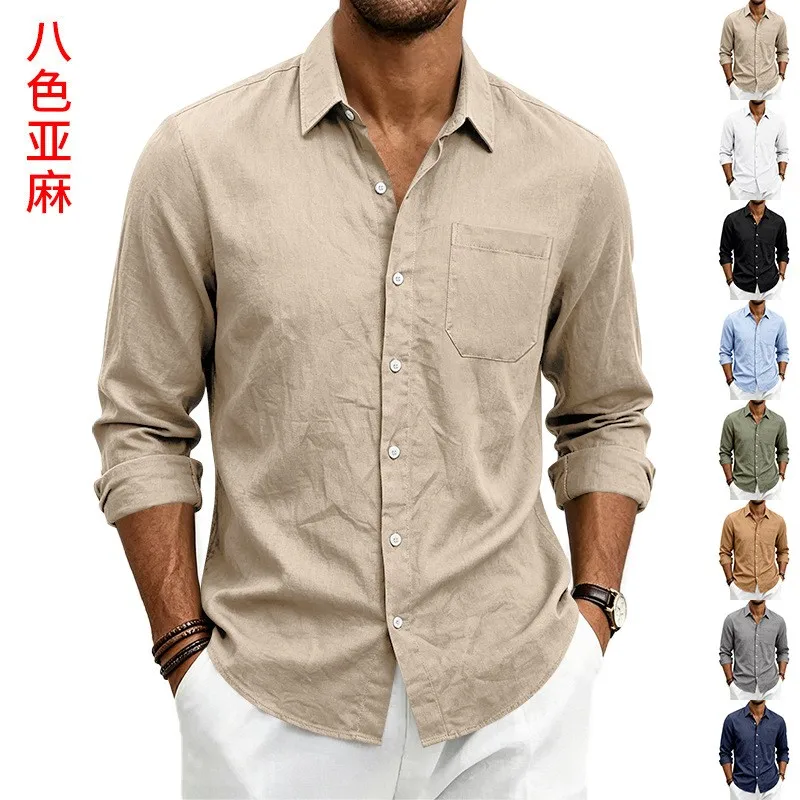 

Linen Long Sleeve Shirt Loose Fit Beige Solid Color Spread Collar Single Chest Pocket Button Down Casual Shirt Navy Blue