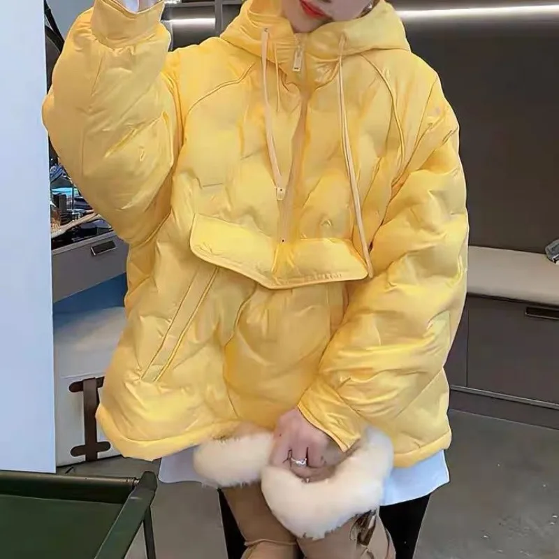 유럽식 브레드 재킷 후드 다운 재킷 여성용 한국 버전 나이 감소 외국 스타일 얇고 루즈한 지퍼 풀오버 얇은 상의