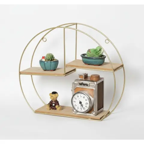 Elegant 3-Tier Floating Geometric Wall Shelf - Gold Metal & Wood Storage for Living Room, Bedroom Decor