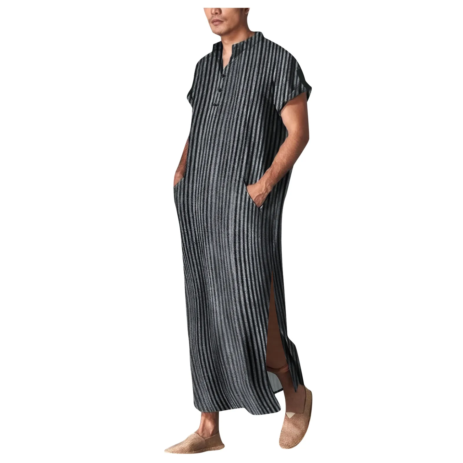 Men\'s Jubba Thobe Kaftan Muslim Arab Islam Striped Short Sleeve Solid Summer Muslim Thobe Robe Fashion Arabia Man Fashion abaya