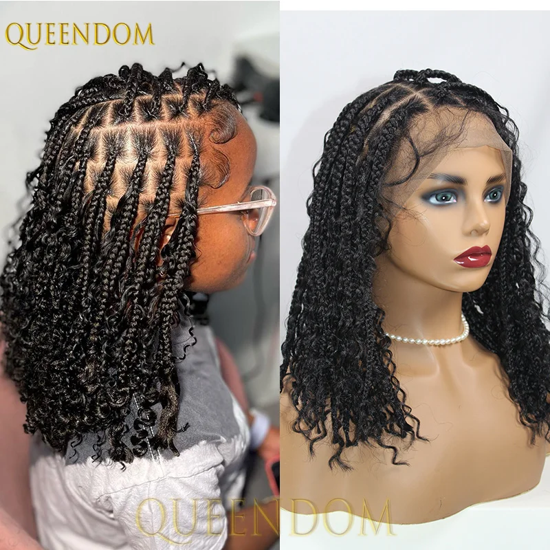 

12inch Bohemian Braided Full Lace Frontal Wigs Synthetic Curly Wigs Knotless Box Braid Bob Wig Locs Goddess Cornrow Braids Wig