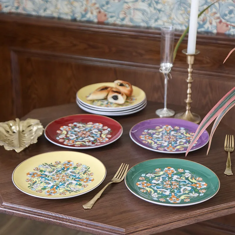 Golden Stroke Bone China Dinner Plate American Retro Painted Flowers Ceramic Plate Creativity Afternoon Tea Cake Dessert Dishes